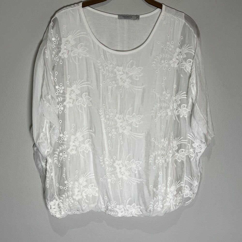 Tendenze Blouse Womens Small White Silk Layered Embroidered Top Bubble Hem Italy
